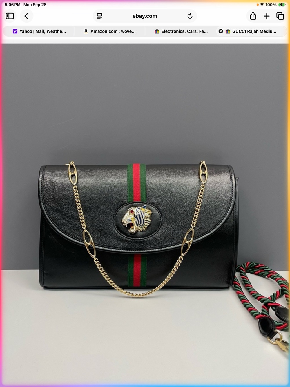Gucci Black Leather Crossbody with Green-Red Web and Tiger Motif